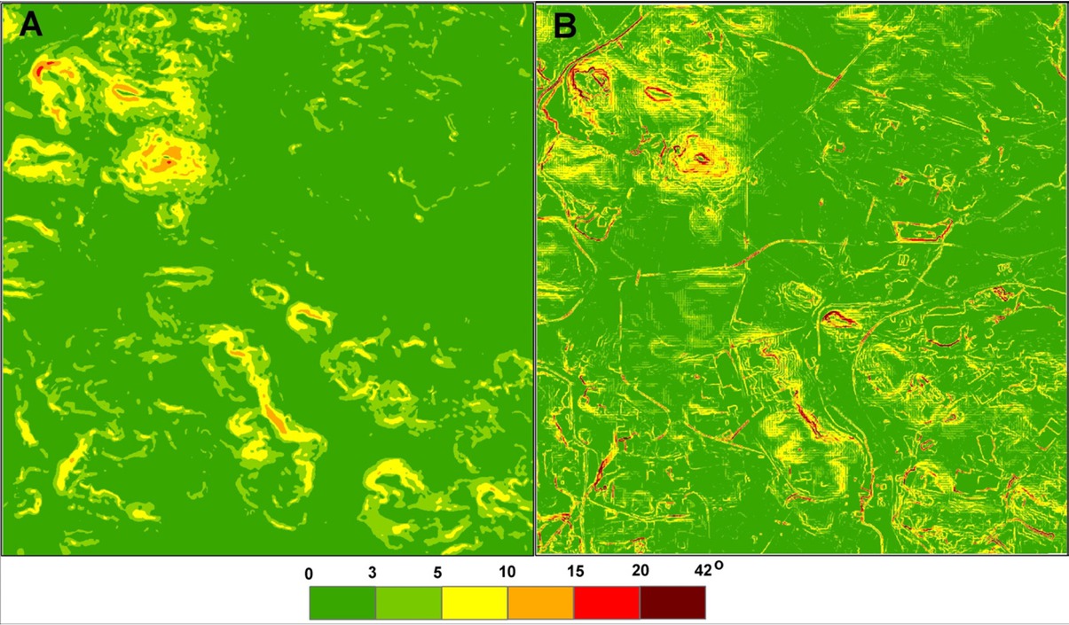 Figure 10 Slope map derived from Topo-DEM (A) and LiDAR-DEM (B)
