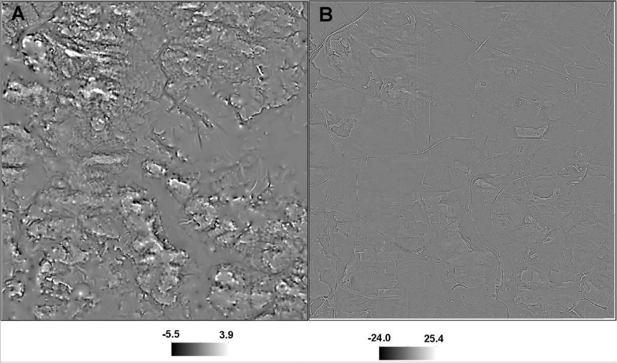 Figure 11 Curvature map derived from the Topo-DEM (A) and LiDAR-DEM (B)