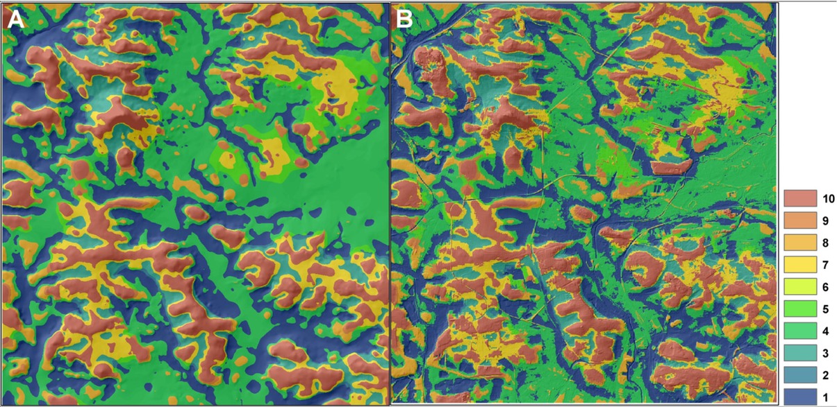 Figure 13 Landform classification into 10 classes with TPI method on the base Topo-DEM (A) and LiDAR-DEM (B) (number class explanations in Table 8)