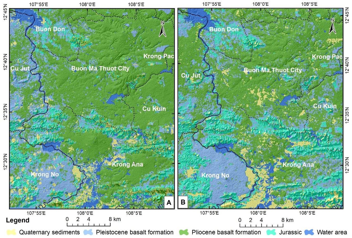 Figure 7 Geological maps generated based on Landsat 7 (A) and 8 (B) data.