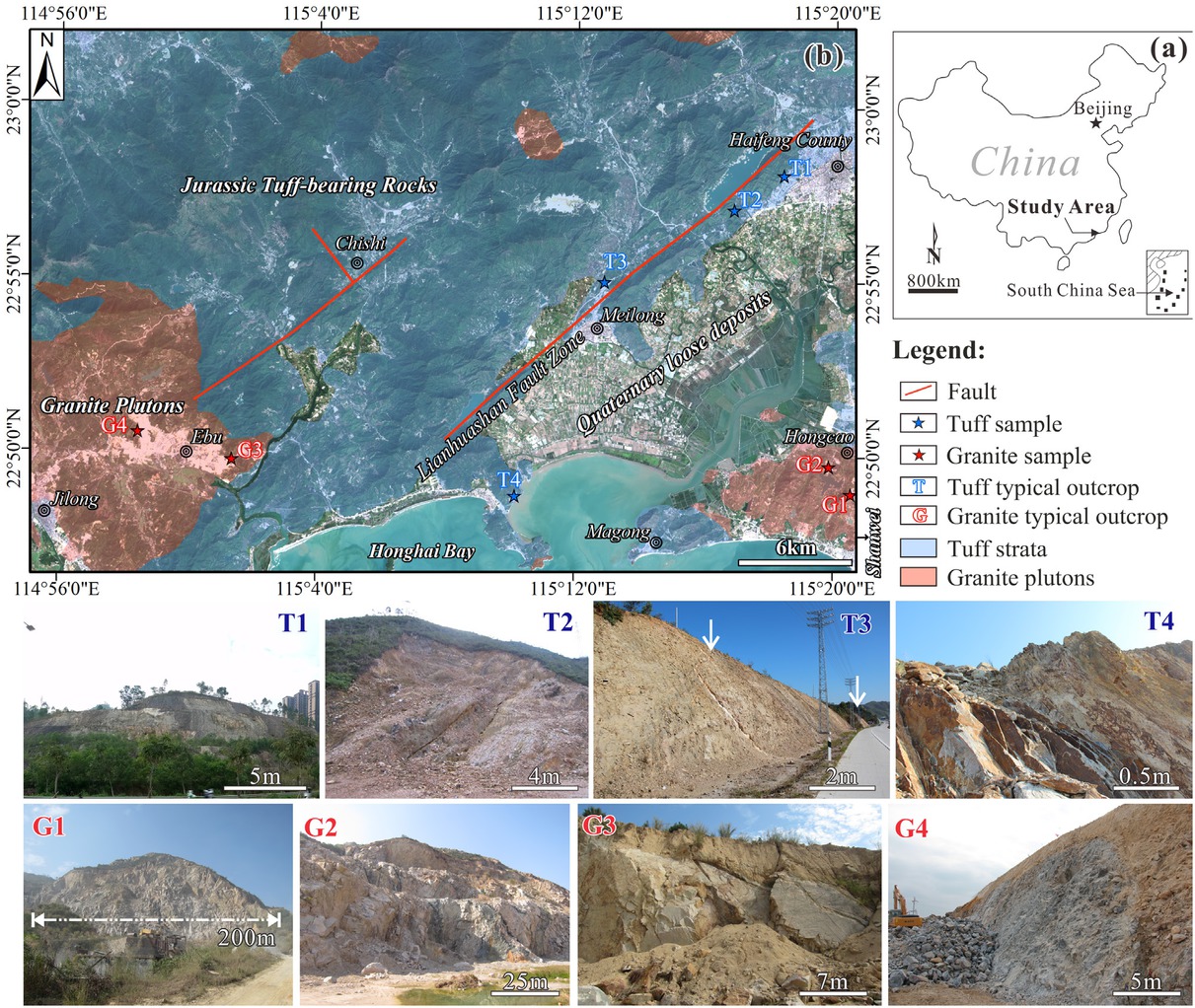 Figure 1 (a) Location map of the study area in China; (b) The natural true color Sentinel-2A image of this region. Note that: 1) lithostratigraphic regions (100m-buffered) and fault zone were digitalized from the 1:200,000 geological map sheets [23, 24]; 2) these photographs show the locations of granite series (G1-G4) and tuff series (T1-T4)