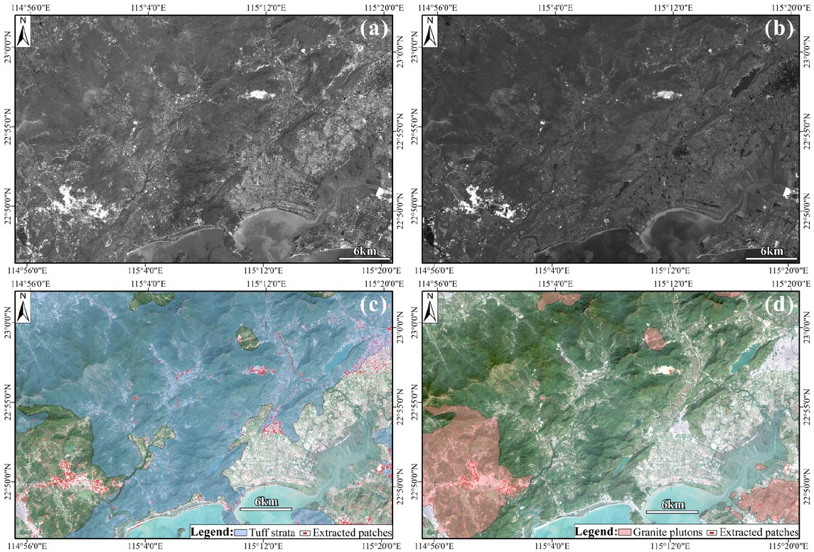 Figure 4 (a) and (b) Matched filter result of tuff and granite outcrops using the image-derived spectra. (c) and (d) Resulting patches of tuff and granite following MF analysis based on the fractal algorithm mentioned later.