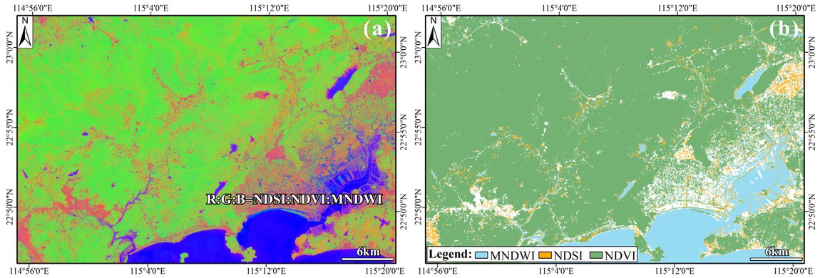 Figure 5 (a) False color composite image made with the spectral index products. (b) Mask consisting of NDXI vector shapefiles including NDVI (green), MNDWI (blue) and NDSI (brown).