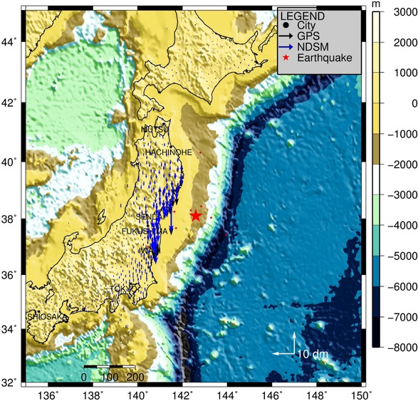 Figure 7 Comparison of vertical deformations estimated using NDSM and GPS recordings (blue: NDSM; black: GPS)