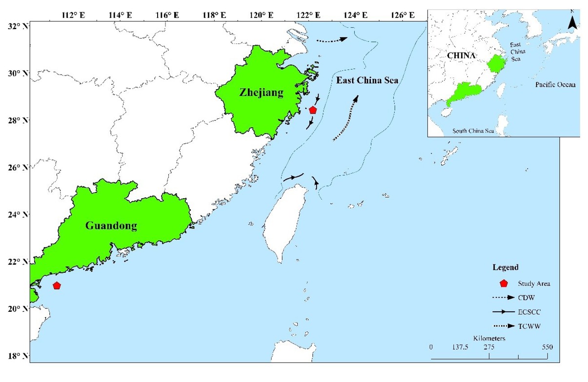 Figure 1 Location of the study site of the East China Sea and the South China Sea, and description of the legend depicted on the bottom of the right side