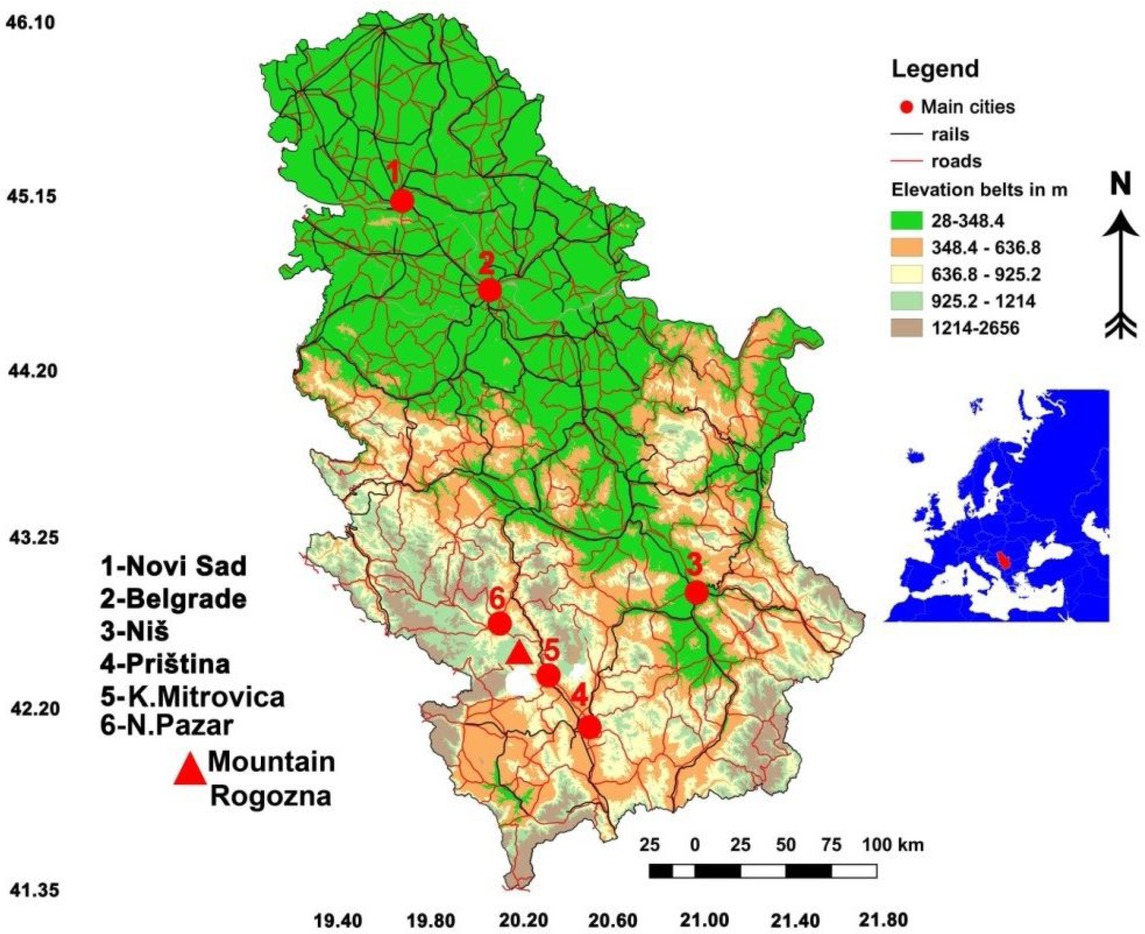 Figure 1 Position of Rogozna Mountain in Serbia and in Europe, accorodng to sattelite data of 30 m, resolution downloaded from (https://earthexplorer.usgs.gov/).
