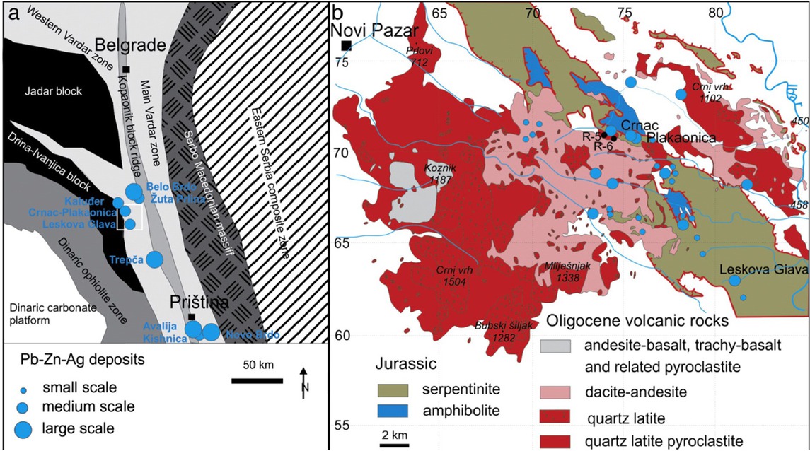 Figure 2 Map of the main tectonostratigraphic units of the Central Balkan Peninsula [64], with the location of the Crnac Pb–Zn–Ag deposit. (b) Geological sketch map of Rogozna Mt. [65], with marked sampling locations of the surface quartz latite. According to [66].
