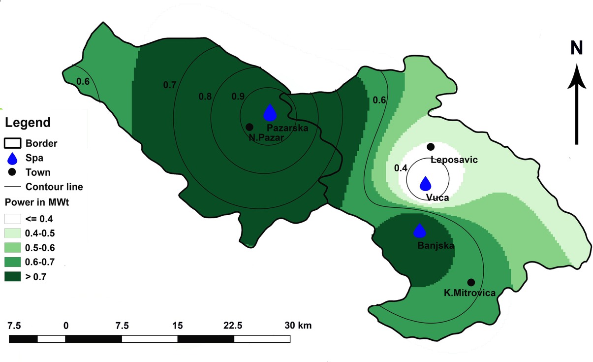 Figure 5 Potential installed geothermal energy in the area of three spas.