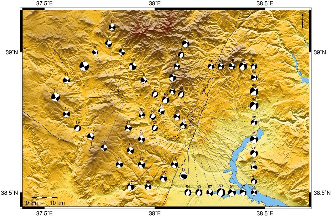 Figure 4 Focal mechanisms of 57 earthquakes.