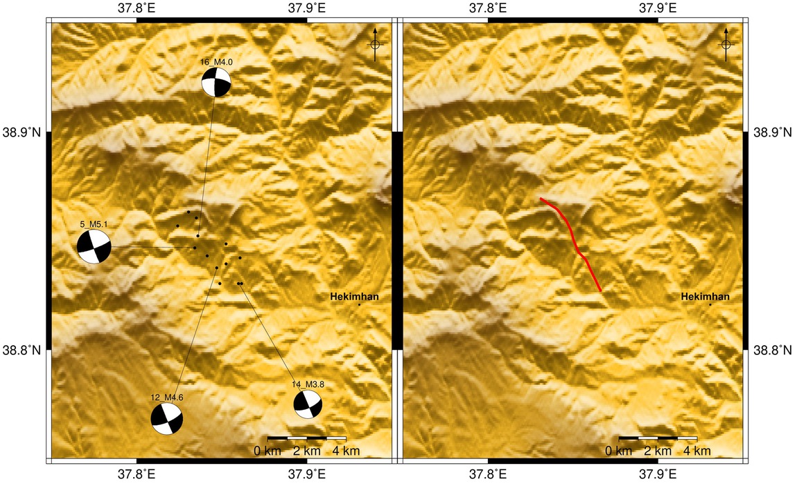 Figure 7 Focal mechanisms of earthquakes with magnitude above 3.8 are plotted within the shear zone identified with respect to the seismic activity focused near Hekimhan. Solid red line indicates the corresponding source fault of the observed seismicity.