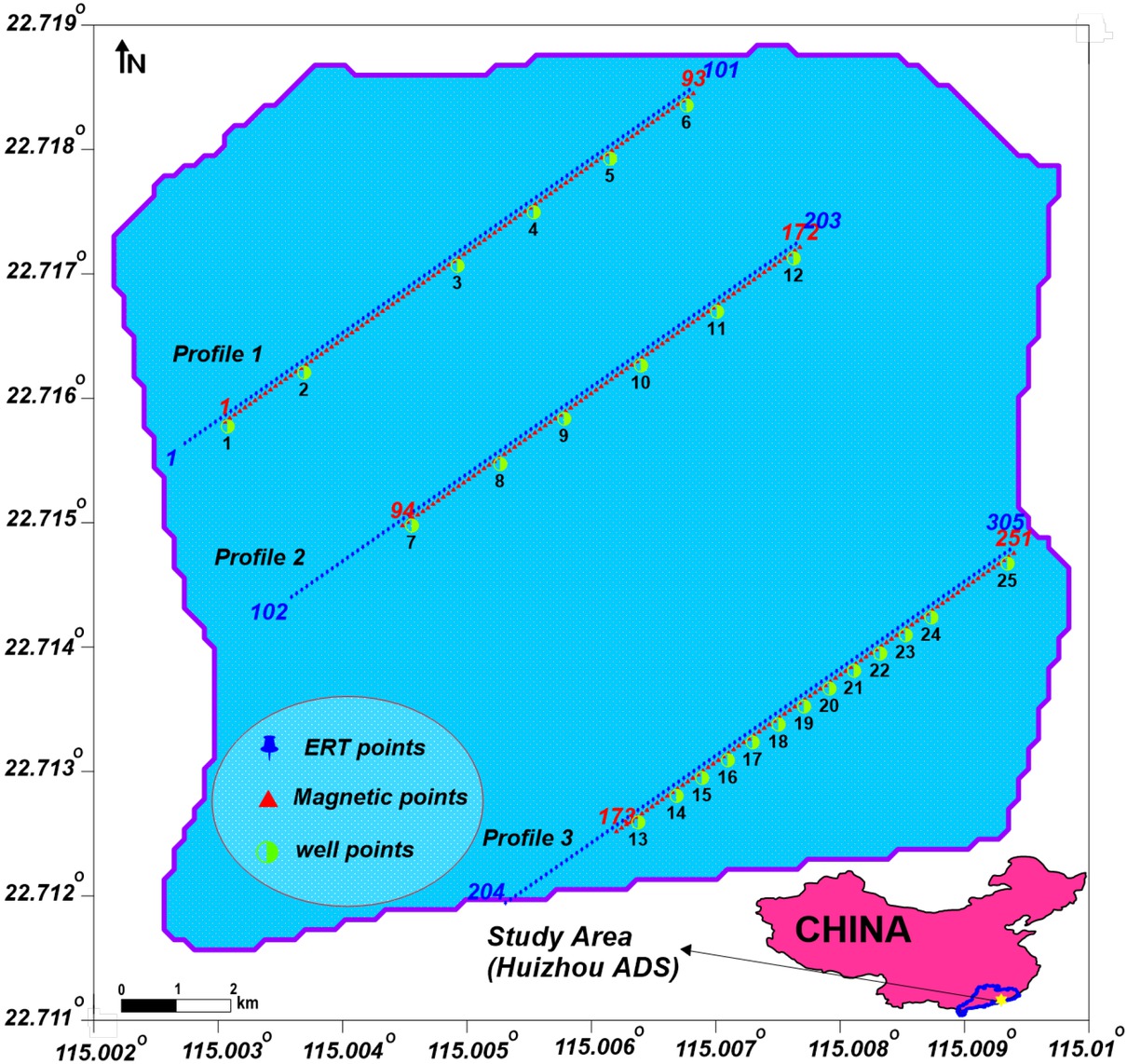 Figure 1 Map showing location of the studied area with geophysical measurements of ERT, magnetic and boreholes.