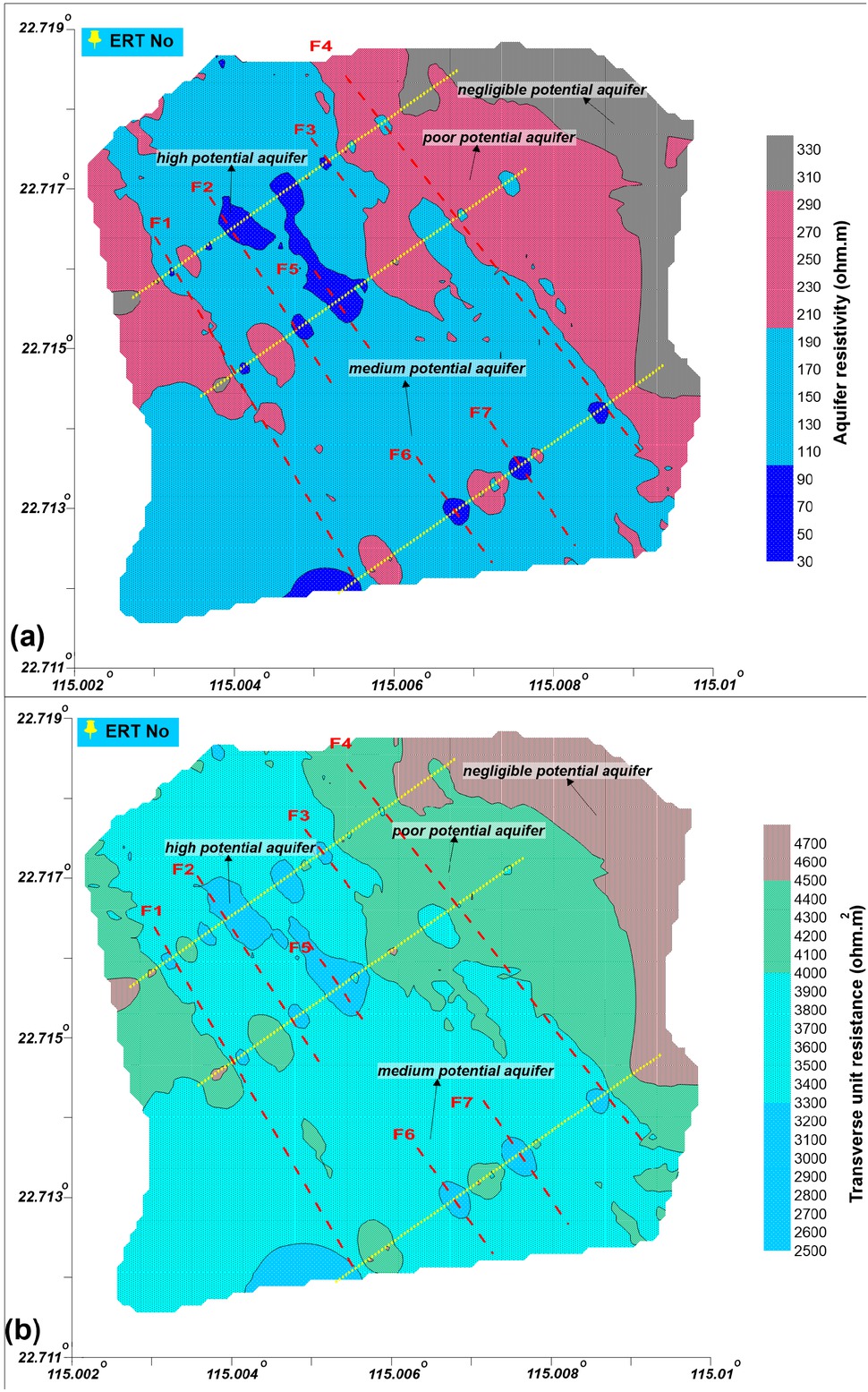 Figure 6 (a) contour map of aquifer resistivity and (b) contour map of transverse unit resistance.