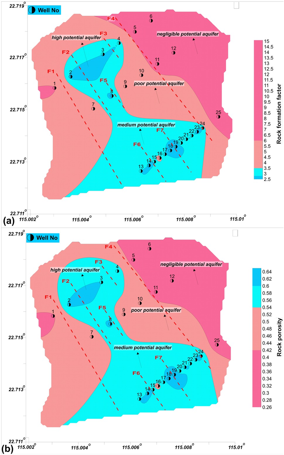 Figure 10 Delineation of aquifer potential zones based on (a) rock formation factor and (b) rock porosity