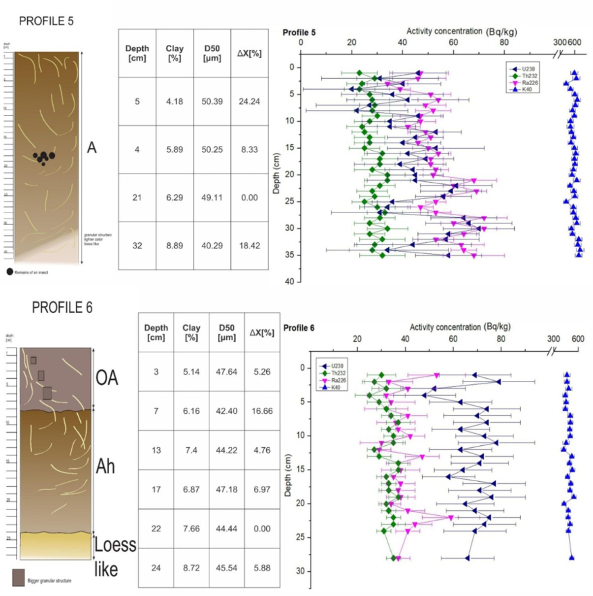 Figure 9 Soil horizons with the vertical distribution of clay content, soil grain size, magnetic data and natural radionuclides for profiles 5 and 6 that reflect erosion.