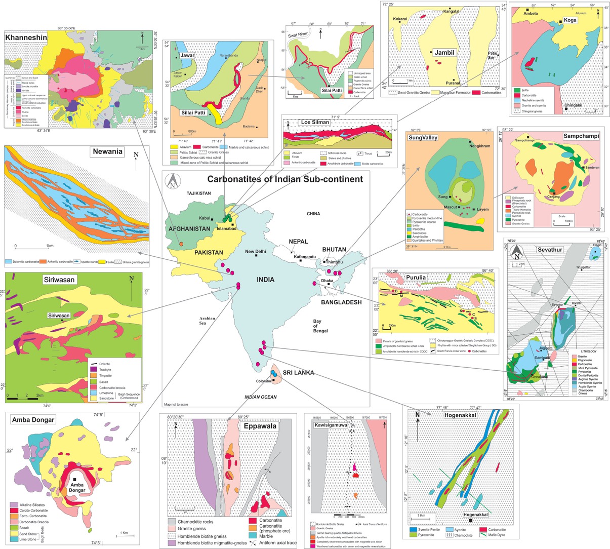 Figure 1 Distribution and location of Carbonatites within Indian Subcontinent [41, 67, 78, 82, 85, 110, 154, 157], Pakistan [12, 28, 29, 54], Afghanistan [35], and Sri Lanka [32, 36].