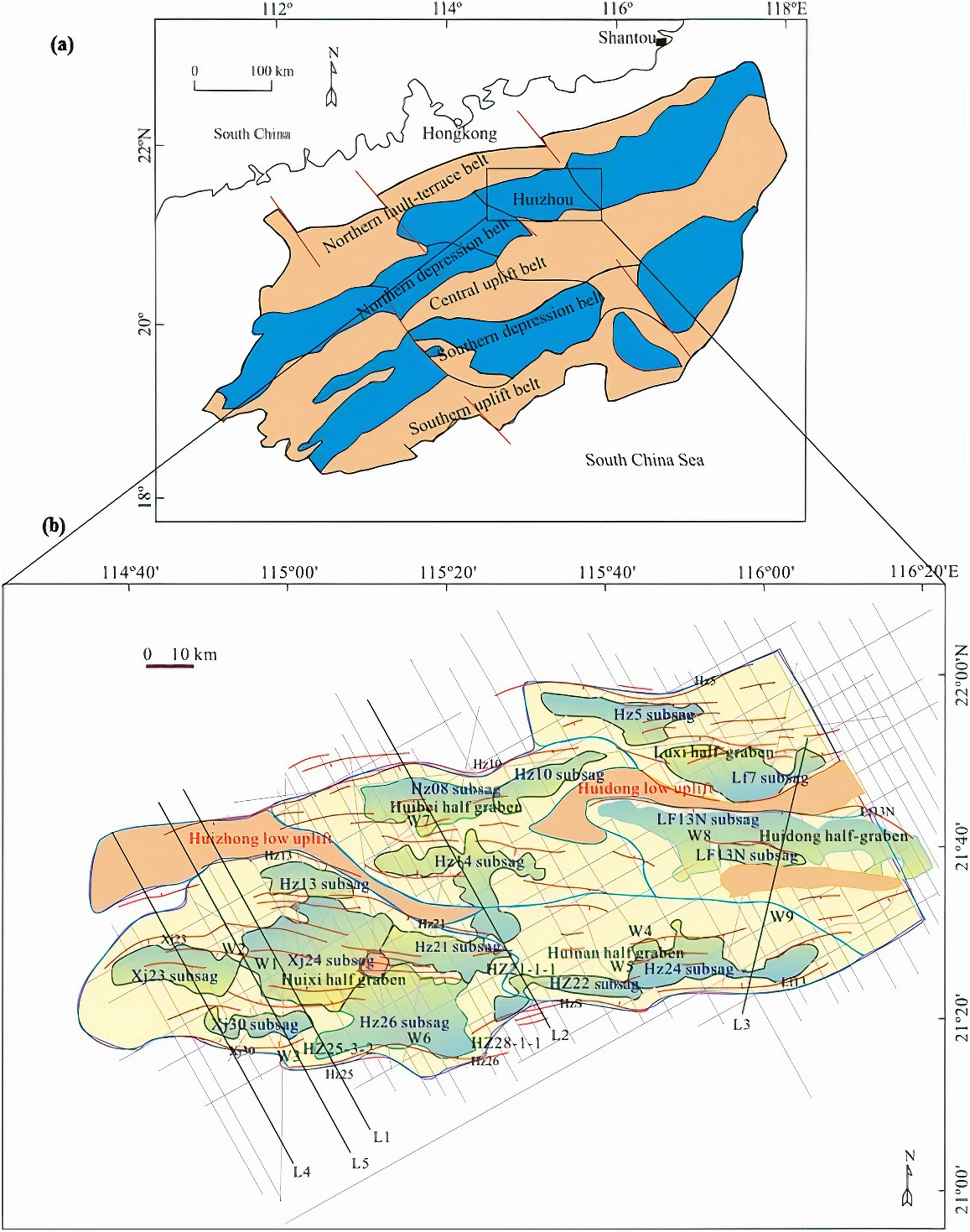 Figure 1 (a) Map showing the complete area of PRMB and Huizhou sub-basin. (b) Tectonic setting in the Huizhou sub-basin, orientation of seismic lines and position of wells drilled in the area [57].