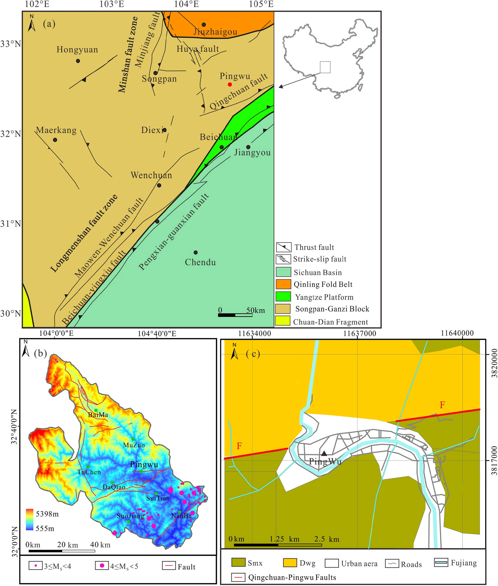 Figure 1 (a) Tectonic background and topographic relief of the eastern Tibet. (b) The topographic map of Pingwu. Red dots represent historical earthquakes, historical earthquake data were obtained from China Earthquake Network (http://www.ceic.ac.cn). (c) The formation of Pingwu. The stratum in the urban area (white area) is the Quaternary alluvial deposits.