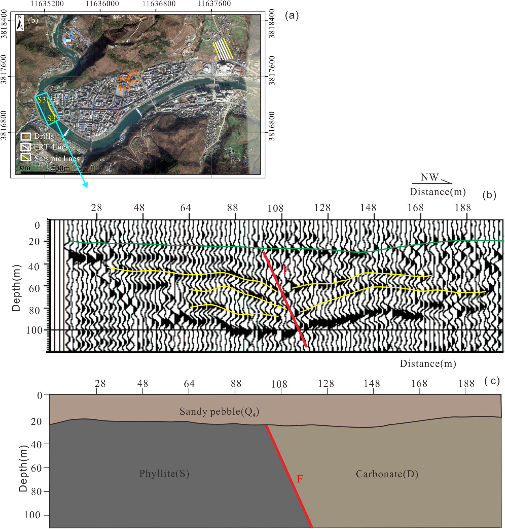 Figure 7 (a) The location of survey line (S3). (b) Seismic reflection profiling (S3). The green line is the boundary between Quaternary and bedrock. (c) Geologic interpretation map.