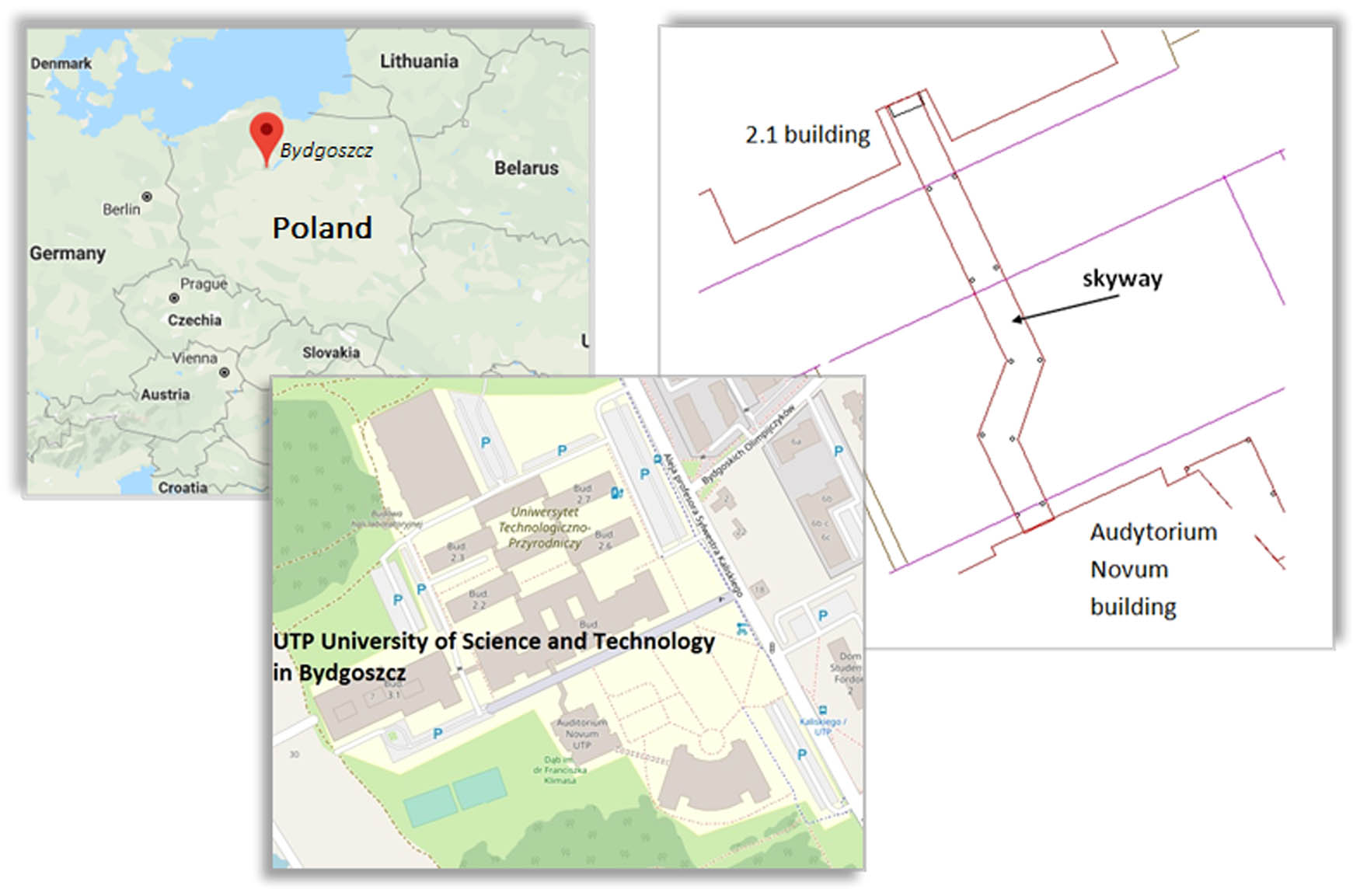 Figure 1 Layout showing the positions of the skyway and adjacent buildings.
