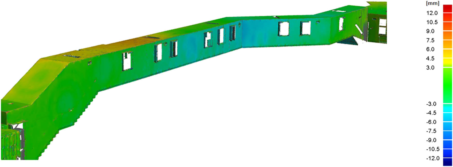 Figure 6 A view of internal structural wall deformations rendered from scans (north-western side of the skyway).