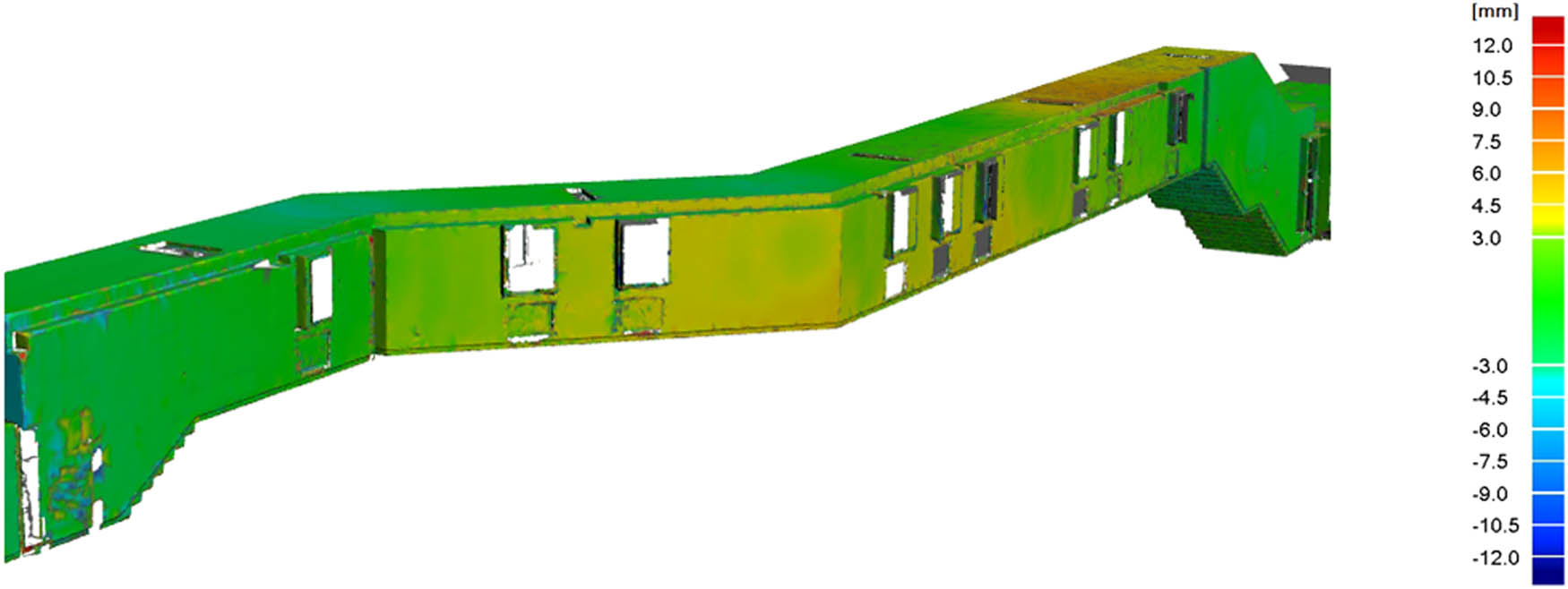 Figure 7 A view of internal structural wall deformations rendered from scans (south-eastern side of the skyway).