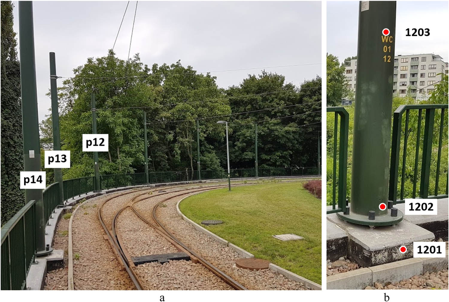 Figure 1 View of the tram loop section with numbered catenary poles (a) and points on the p12 mast showing the tachymetric measurement locations (b).