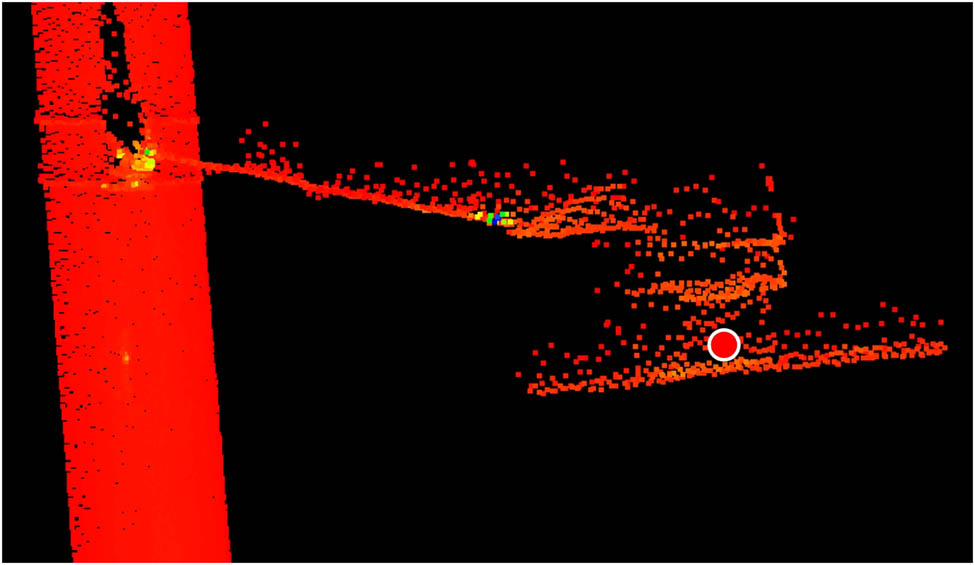 Figure 8 View of the scanned overhead line retaining clip with the messenger wire fixing point marked.