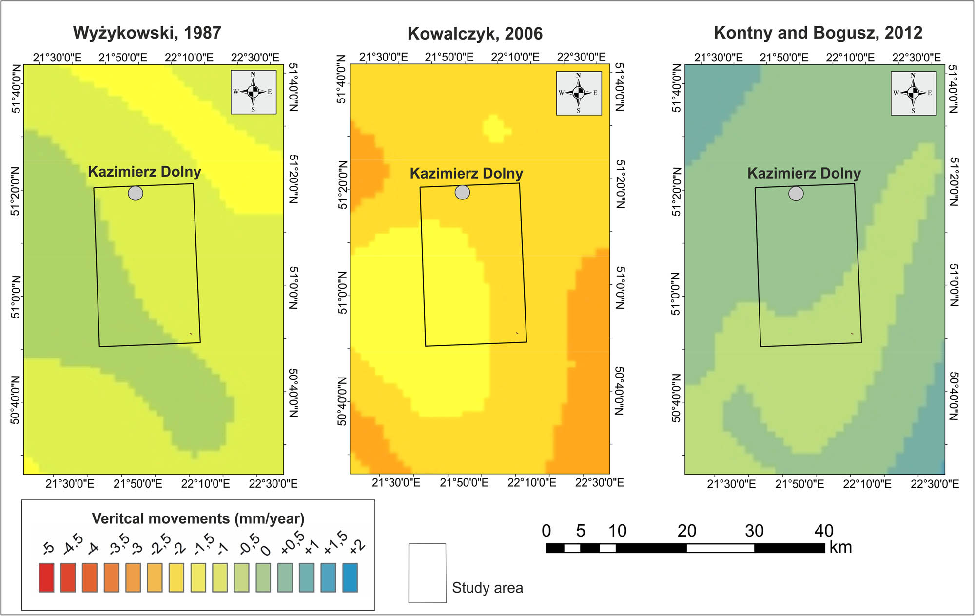Figure 2 Vertical movements in the Kazimierz Dolny region. According to ref. [25–27].
