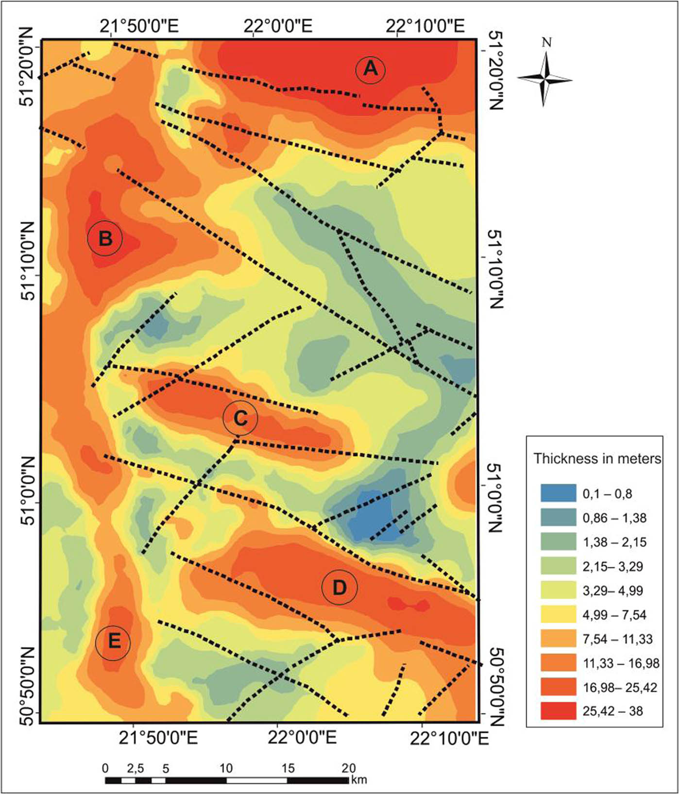 Figure 14 Quaternary deposits thickness model with topolineaments