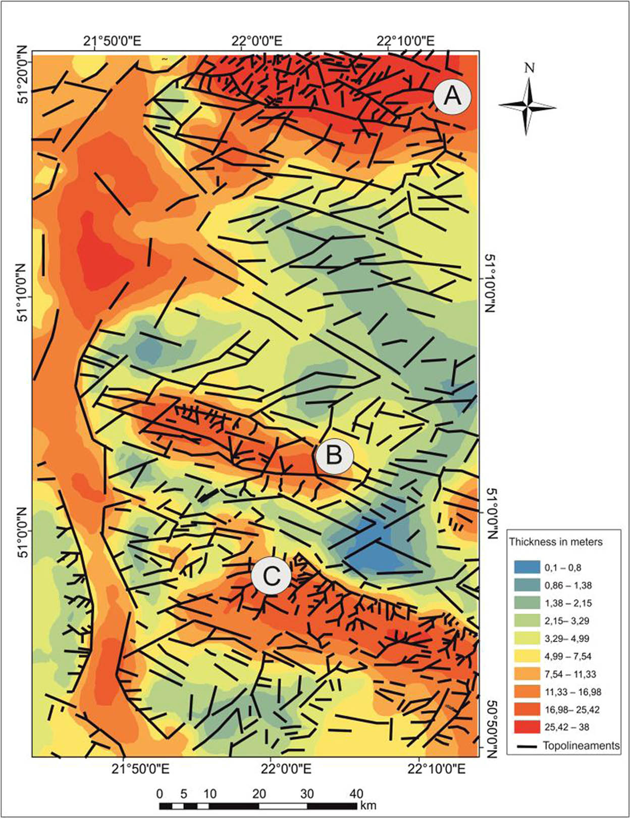 Figure 15 Quaternary deposits thickness model with automatic extracting topolineaments