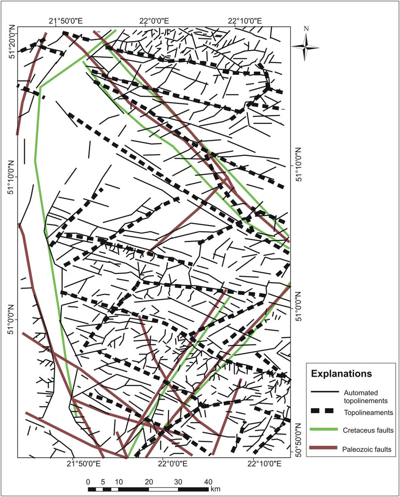 Figure 16 Comparison of distribution and spatial orientation between faults and topolineaments.