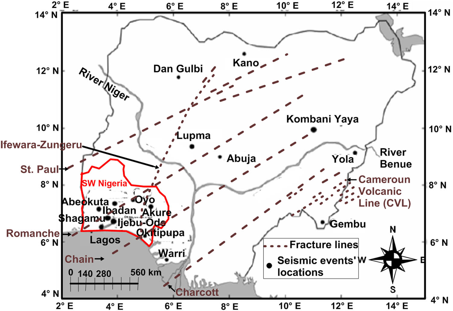 Figure 2 Map of Nigeria revealing some locations where seismic events had occurred (adapted from [6] and [34]).