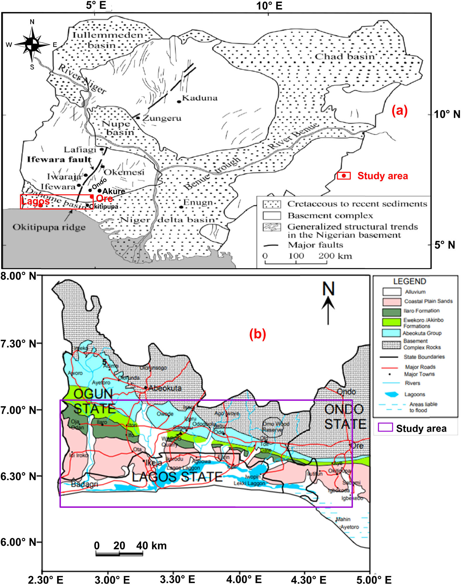 Figure 3 Geological maps. (a) Nigerian map revealing the most prolonged linear feature, some structural trends and study area (modified after [22]). (b) Dahomey Basin and part of SW Basement Complex rocks showing Lagos–Ore axis (adapted from [44]).