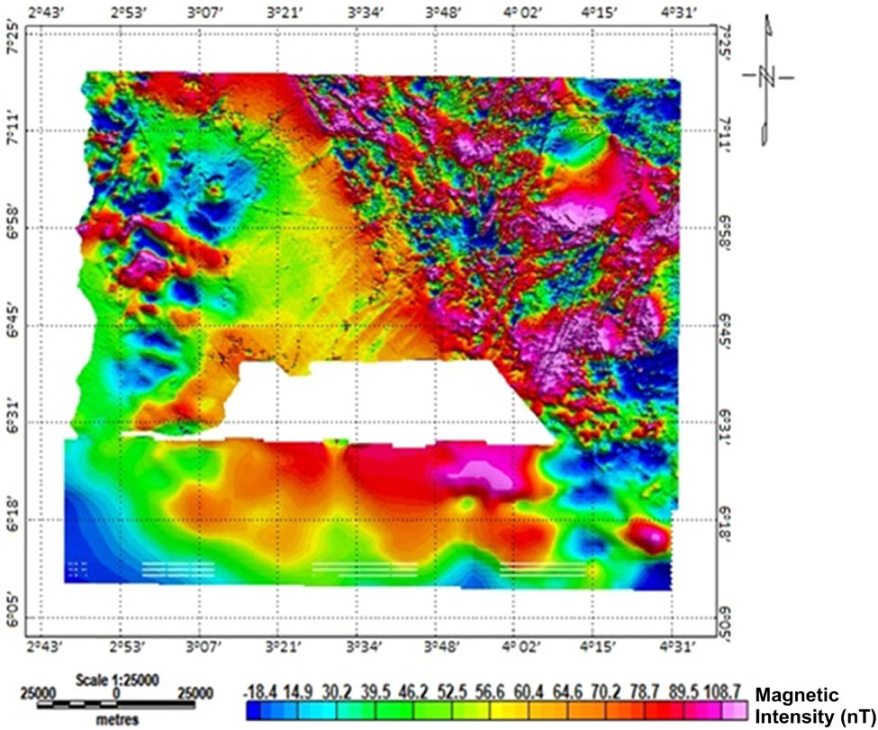 Figure 4 TMI relief image map of Lagos–Ore axis.