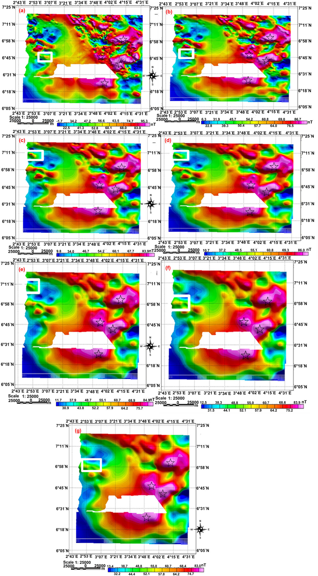 Figure 9 Fault detection maps obtained from UC process of RTE-RMI map of Lagos–Ore axis. (a) At depth 500 m, (b) at depth 750 m, (c) at depth 1,250 m, (d) at depth 1,500 m, (e) at depth 1,750 m, (f) at depth 2,000 m, and (g) at depth 2,250 m.