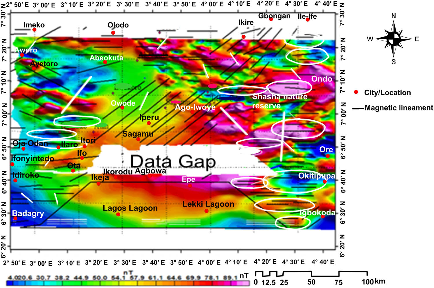 Figure 12 Combined lineaments map of Lagos–Ore with its RTE-RMI map.
