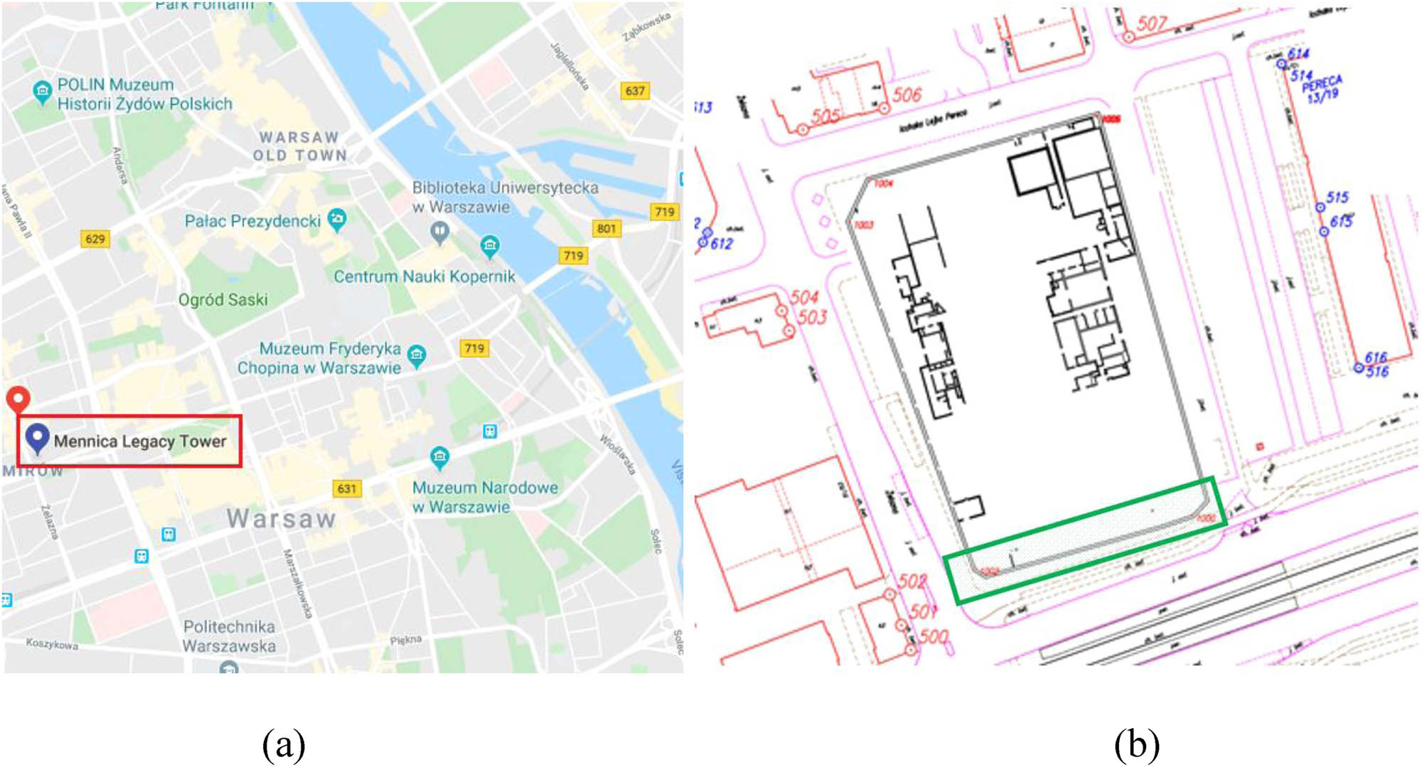 Figure 2 (a) The location of the Mennica Legacy Tower. (b) Excavation with the diaphragm wall outline (black) and benchmarks along with their numbering (red ones are bifunctional XY and H benchmarks and blue ones have only XY coordinates), the southern part of the wall, surveyed with the TLS technology is marked with a green frame (Source: Google Maps, Warbud S.A.).