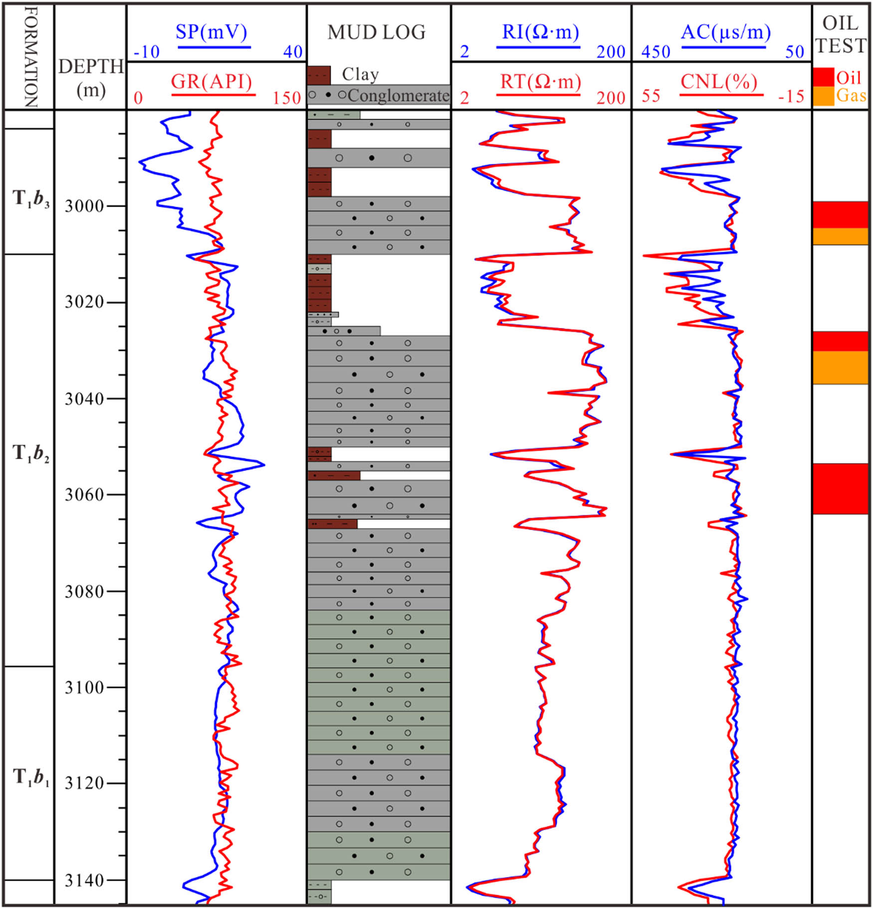 Figure 2 Open-hole conventional logs and mud logging lithology of Baikouquan Formation in Well M154. The T1b1 and T1b2 are main thick grayish-green conglomerates. Gray sandstones and gray-brown mudstones are more developed in T1b3. GR: natural gamma ray; SP: spontaneous potential; RT: deep-investigation resistivity; RI: middle-investigation resistivity; AC: acoustic-time; CNL: compensated neutron.