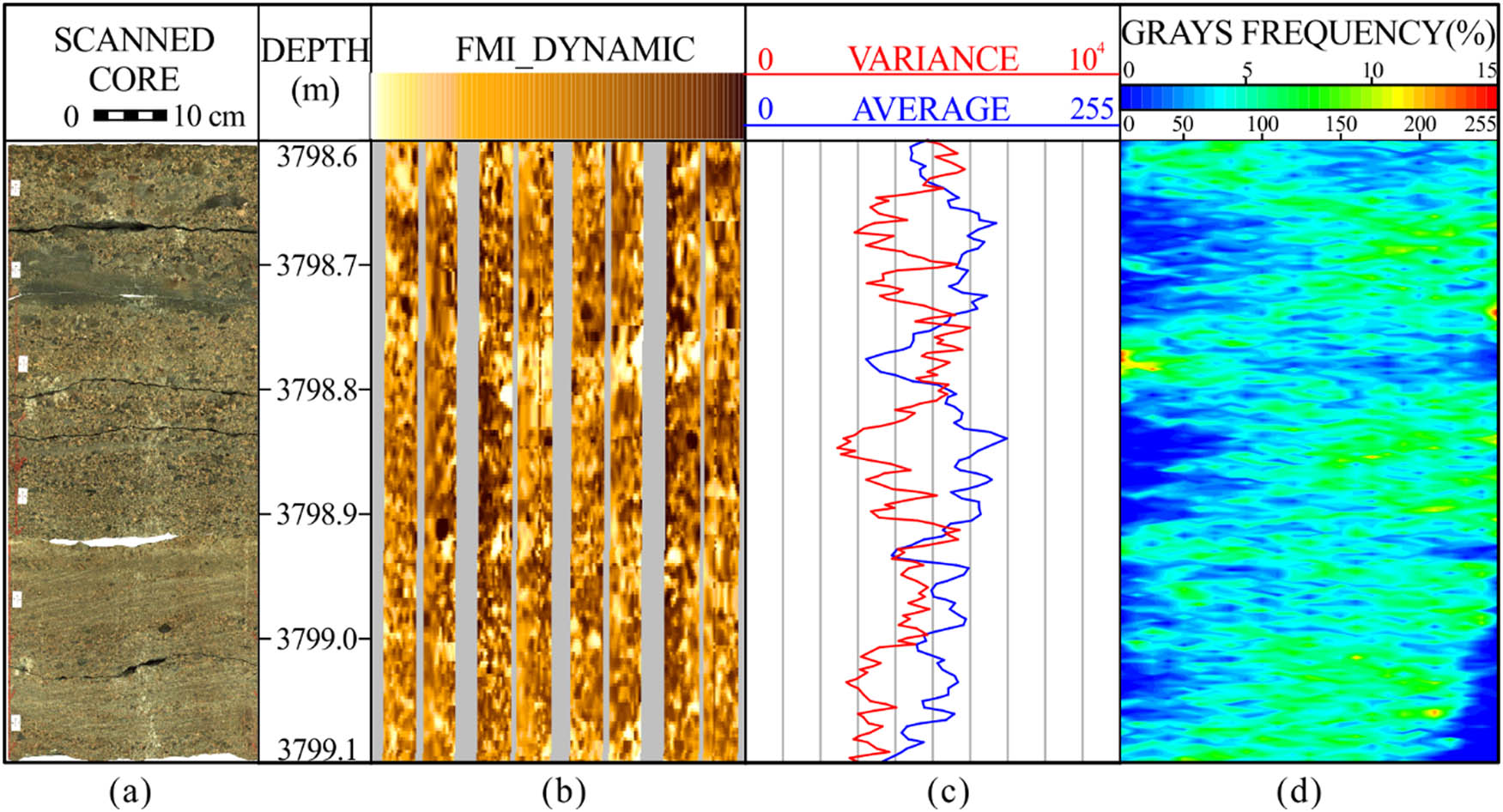 Figure 6 Scanned photographs, dynamic electrical images, averages and variances of gray values and gray frequency profile of granules, Well AH1. (a) Scanned photographs. Individual grain is clear. (b) Dynamic electrical images. They are fine mottled and the spots indicate the grains to a certain extent. (c) Gray averages and variances of electrical images. Averages are middle and variances are high. (d) Two-dimensional gray frequency profile of granules. The frequency curves are not obvious peaks at one depth point.