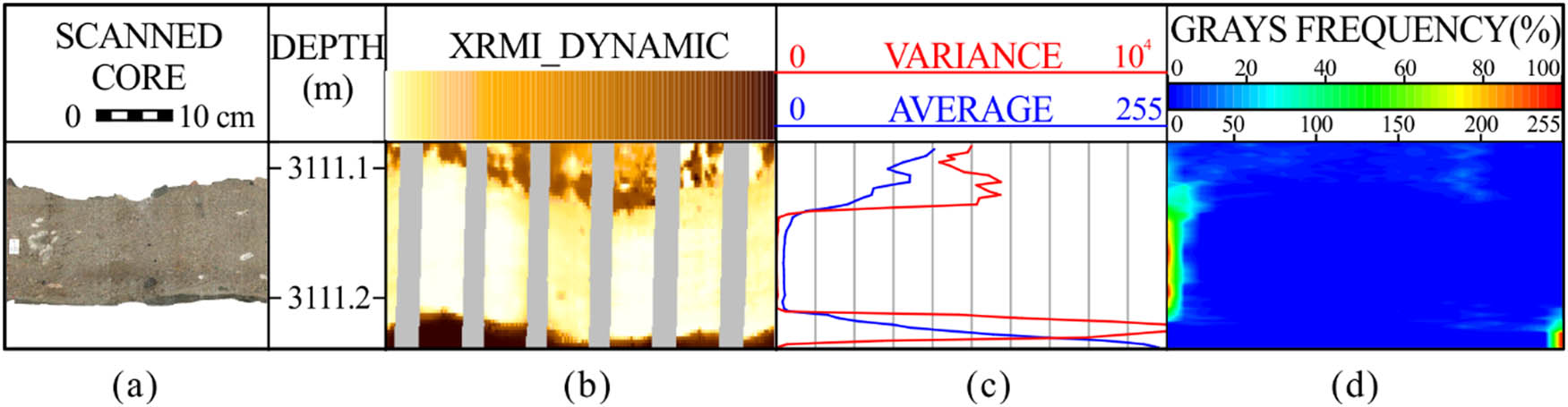 Figure 7 Scanned photographs, dynamic electrical images, averages and variances of gray values and gray frequency profile of coarse sandstones, Well M152. (a) Scanned photographs. Individual grain is clear. (b) Dynamic electrical images. They are homogeneous bright colored. (c) Gray averages and variances of electrical images. Variances are low and gray averages are nearly 0. (d) Two-dimensional gray frequency profile of coarse sandstones. The grays of peaks are less than 50.
