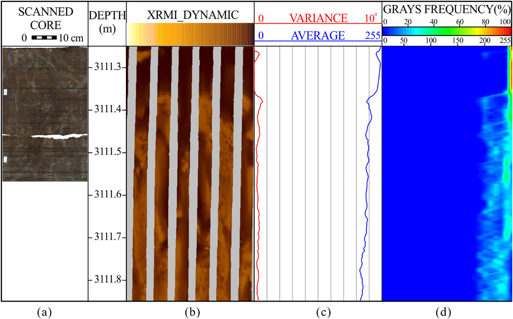 Figure 11 Scanned photographs, dynamic electrical images, averages and variances of gray values and gray frequency profile of mudstones, Well M152. (a) Scanned photographs. Grains are well sorted. (b) Dynamic electrical images. They are homogeneous dark-brown colored. (c) Gray averages and variances of electrical images. Variances are low and gray averages are mostly between 200 and 255. (d) Two-dimensional gray frequency profile of mudstones. The grays of peaks are nearly 255.