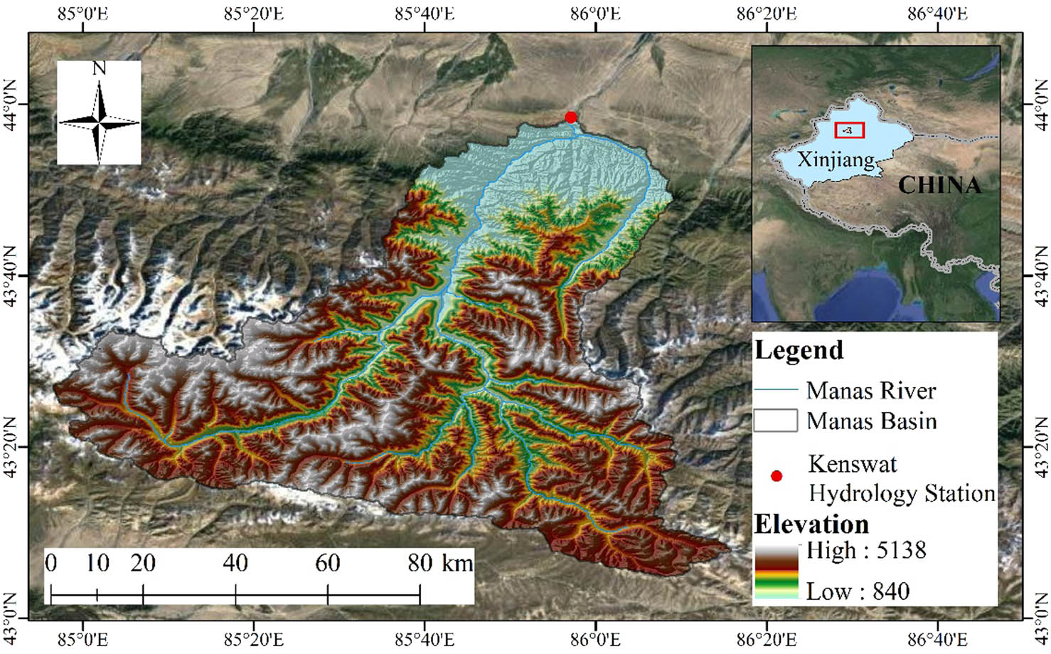 Figure 1 Manas River Basin is located in the middle of the Eurasian continent and on the north slope of Tianshan Mountain. The elevation difference of the basin is large.