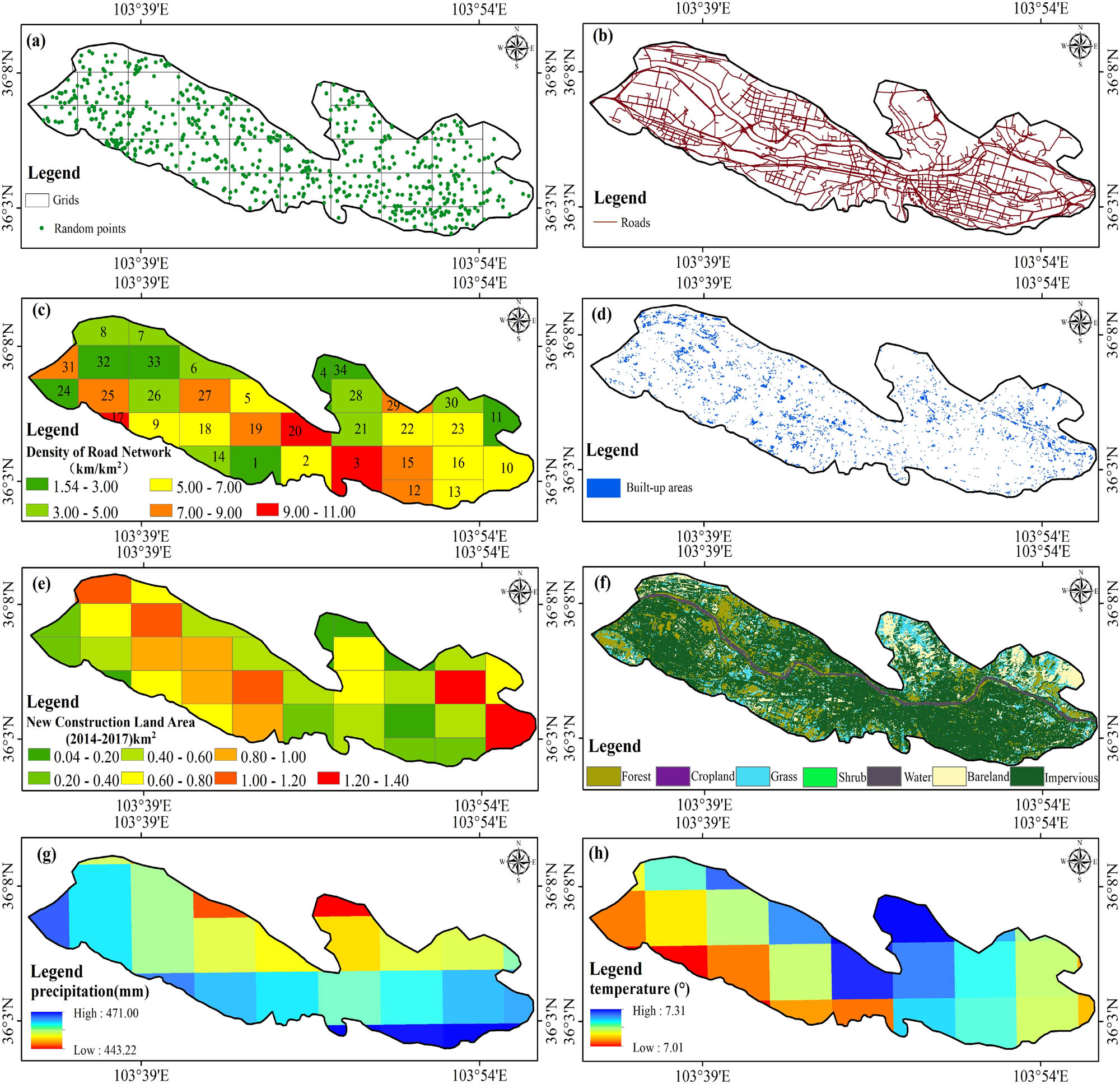 Figure 4 Results of data processing: (a) grids and random points, (b) road network, (c) density of road network, (d) built-up area, (e) built-up area in grids, (f) land cover types, (g) precipitation, (h) temperature.