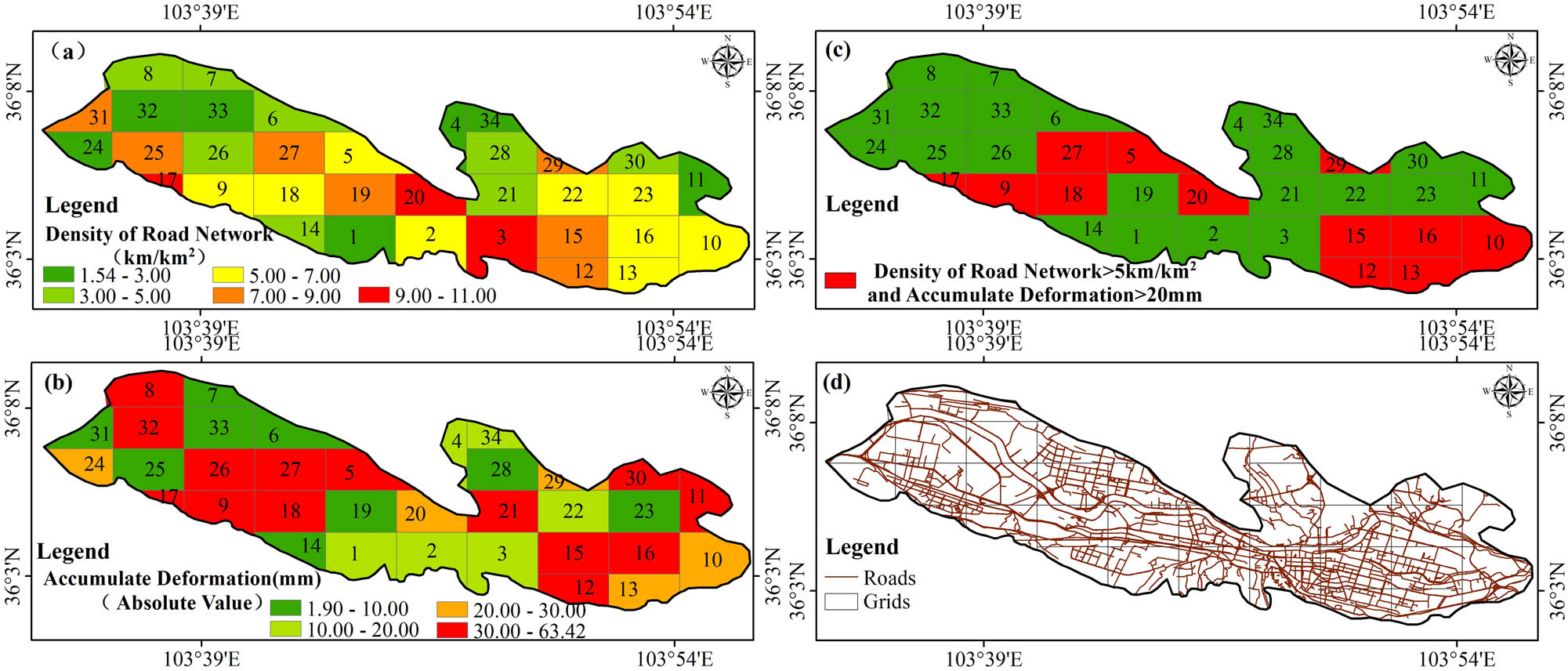 Figure 9 Density of road network and time-series deformation: (a) density of road network; (b) time series deformation; (c) the area where the density of road network >5 km/km2 and time series d > 20 mm; (d) the road network in Lanzhou.