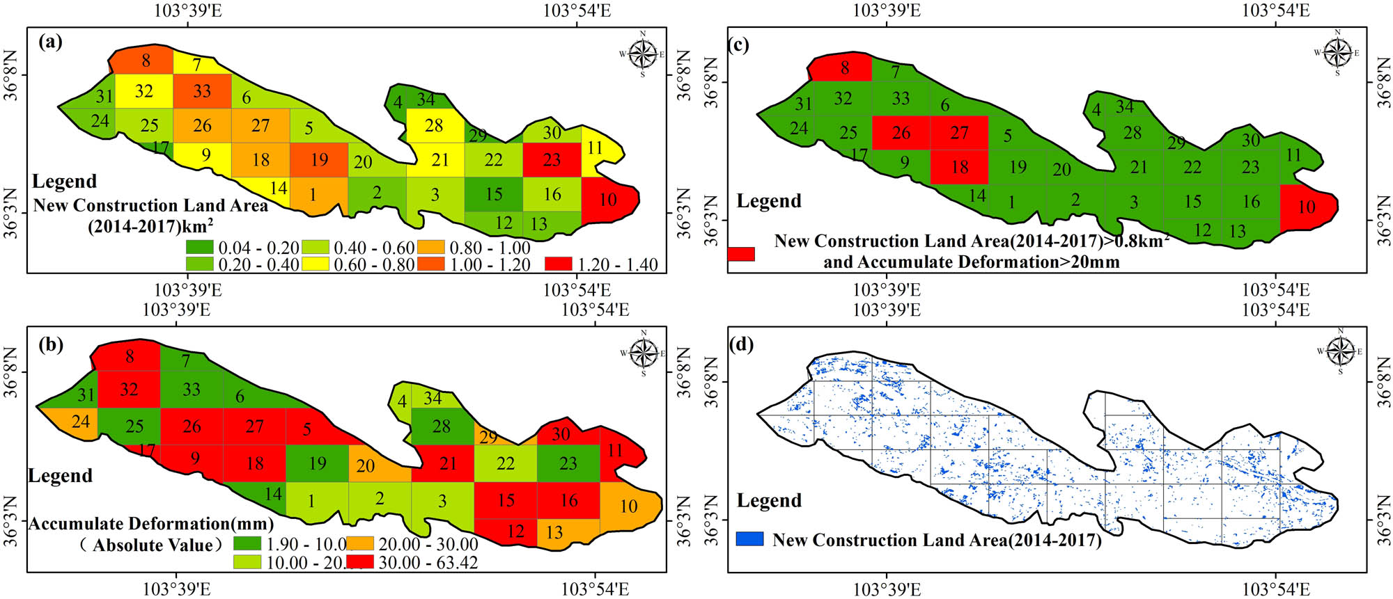 Figure 10 Built-up area and time-series deformation: (a) built-up area from change detection; (b) time series deformation in Lanzhou; (c) the area where the built-up area (2015–2017) >0.80 km2 and time-series deformation >20 mm; (d) the area of the built-up area in Lanzhou.