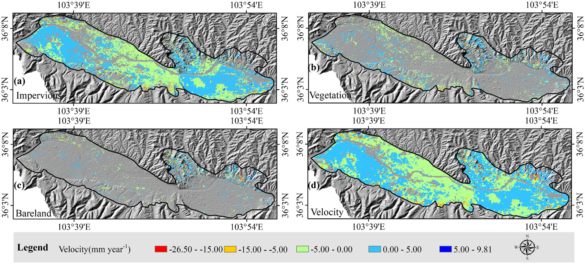 Figure 11 The land cover types with deformation rate: (a) deformation rate in impervious; (b) deformation rate in vegetation; (c) surface deformation in bar land; (d) the deformation rate in Lanzhou.