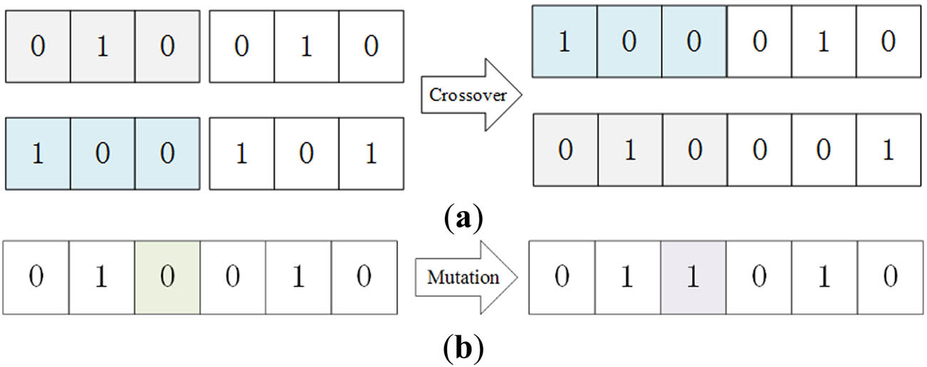 Figure 5 Operations on chromosomes: (a) crossover; (b) mutation.