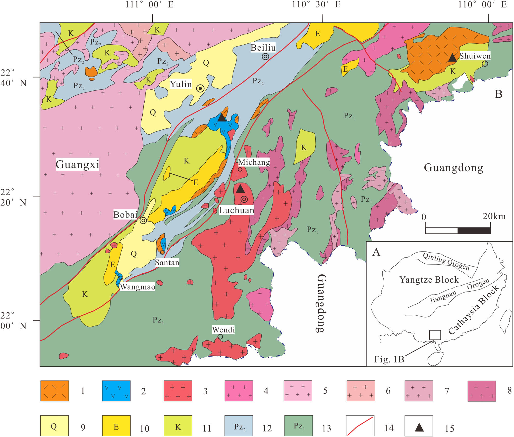 Figure 1 Maps of the Southeastern Guangxi (modified after reference 1): (a) the studied area in the context of the South China Block; (b) geological map of the studied area. The location of porphyroclastic lava samples in Shuiwen Basin is considered from Ref. 2. (1) Cretaceous acid volcanic rocks; (2) Cretaceous andesites; (3) Cretaceous granites; (4) Jurassic granites; (5) Indosinian granites; (6) Hercynian granites; (7) Caledonian granites; (8) neoproterozoic granites; (9) quaternary; (10) Paleogene sedimentary rocks; (11) Cretaceous sedimentary rocks; (12) late Paleozoic sedimentary rocks; (13) early Paleozoic sedimentary rocks; (14) faults; and (15) sample location.