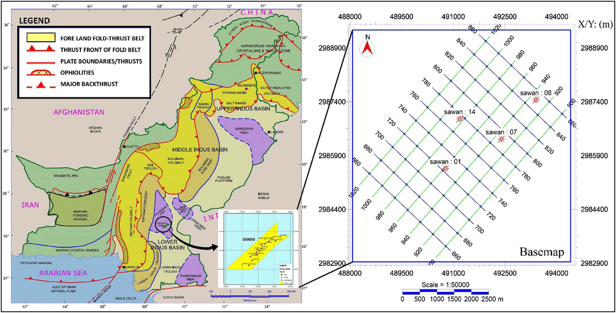 Figure 1 
               The study area of Sawan gas field is highlighted on the regional structural map of Pakistan (modified after Anwer et al. [20]) along with the base map.
            