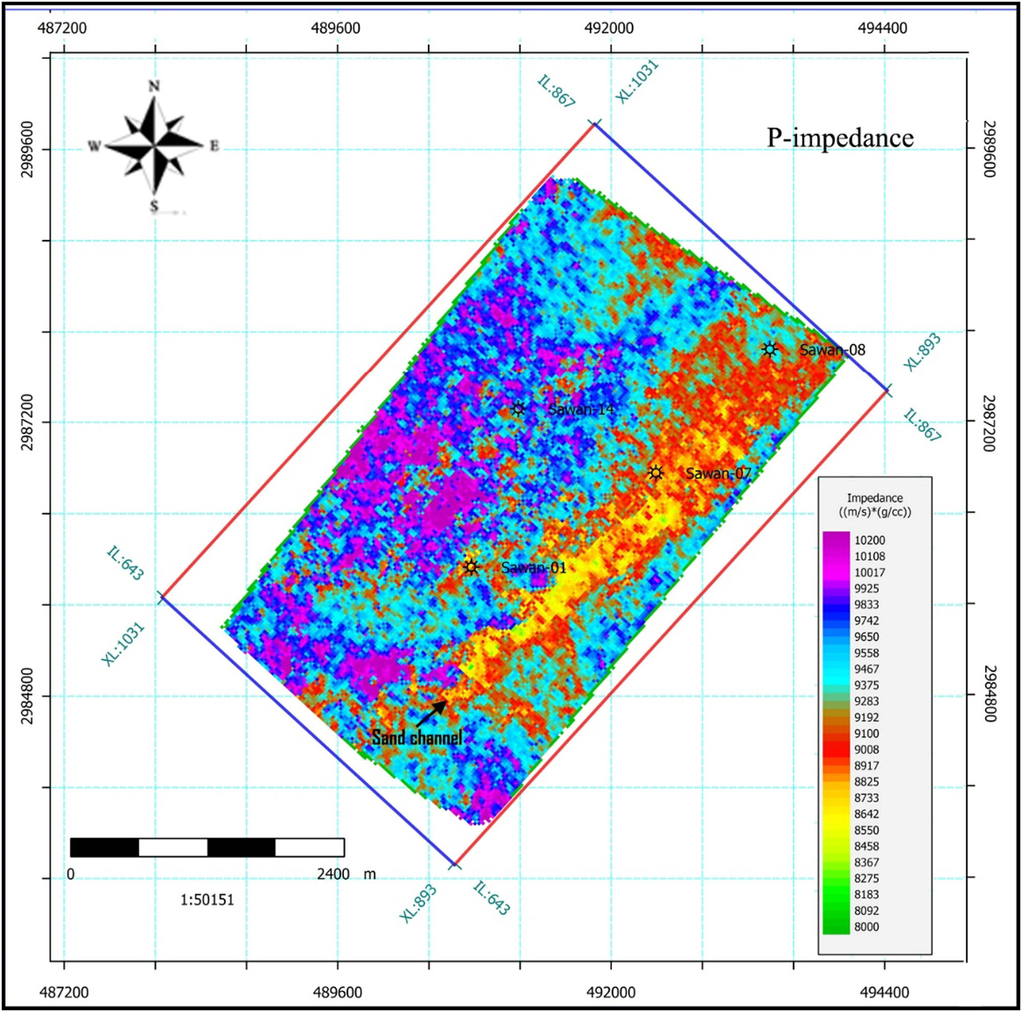 Figure 15 
                     Constant time slice map of estimated P-impedance. The spatial distribution of its lowest values indicating toward the hydrocarbon (gas) saturation along the sand channel.
                  